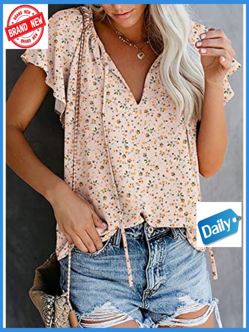 Women's Boho Floral V-Neck Short Sleeve Blouse, Lightweight Polyester Summer Top - Picture 5 of 7